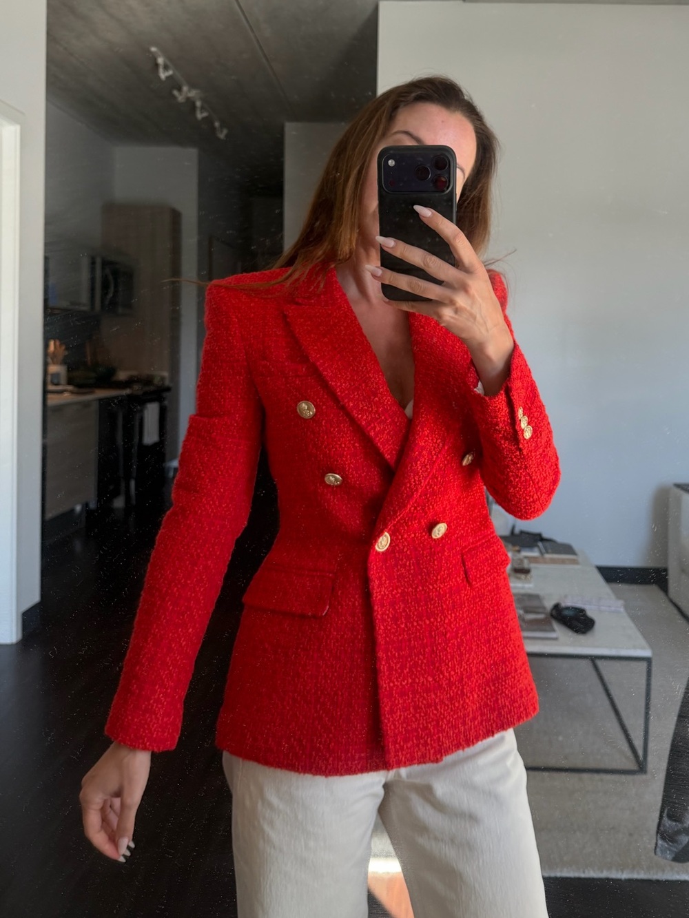 Like New—Zara Red Tweed Double-Breasted Blazer with Gold Buttons – XS